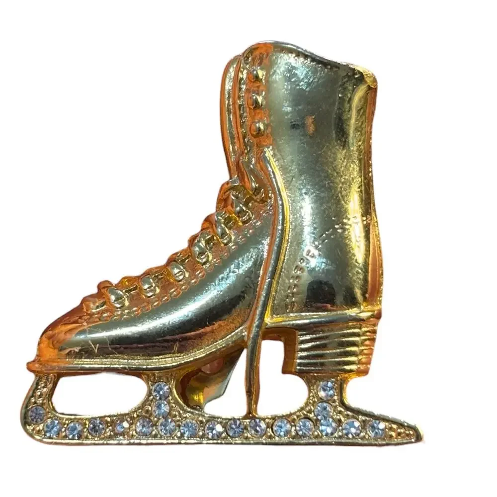 Gold Ice Skate Rhinestone Brooch Winter Olympics Holiday Vintage Pin